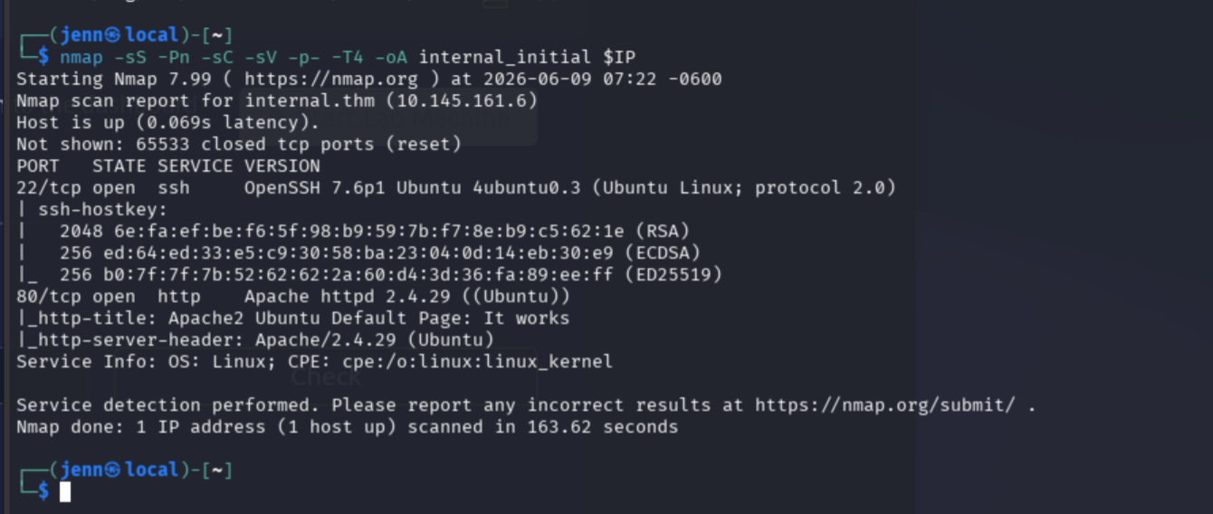 Nmap scan results showing 22/tcp OpenSSH 7.6p1 and 80/tcp Apache 2.4.29